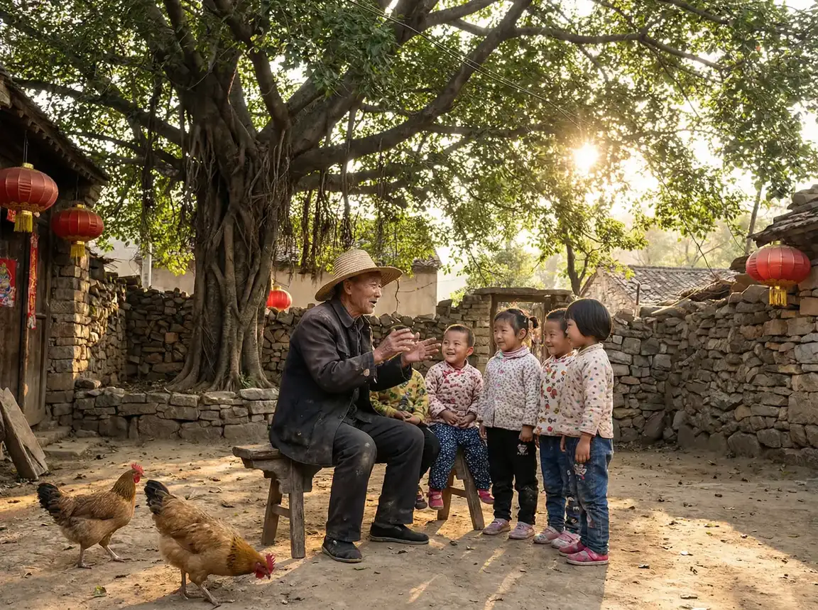 老人在大榕树下给孩子们讲故事 - 色欲追魂 乡村记忆